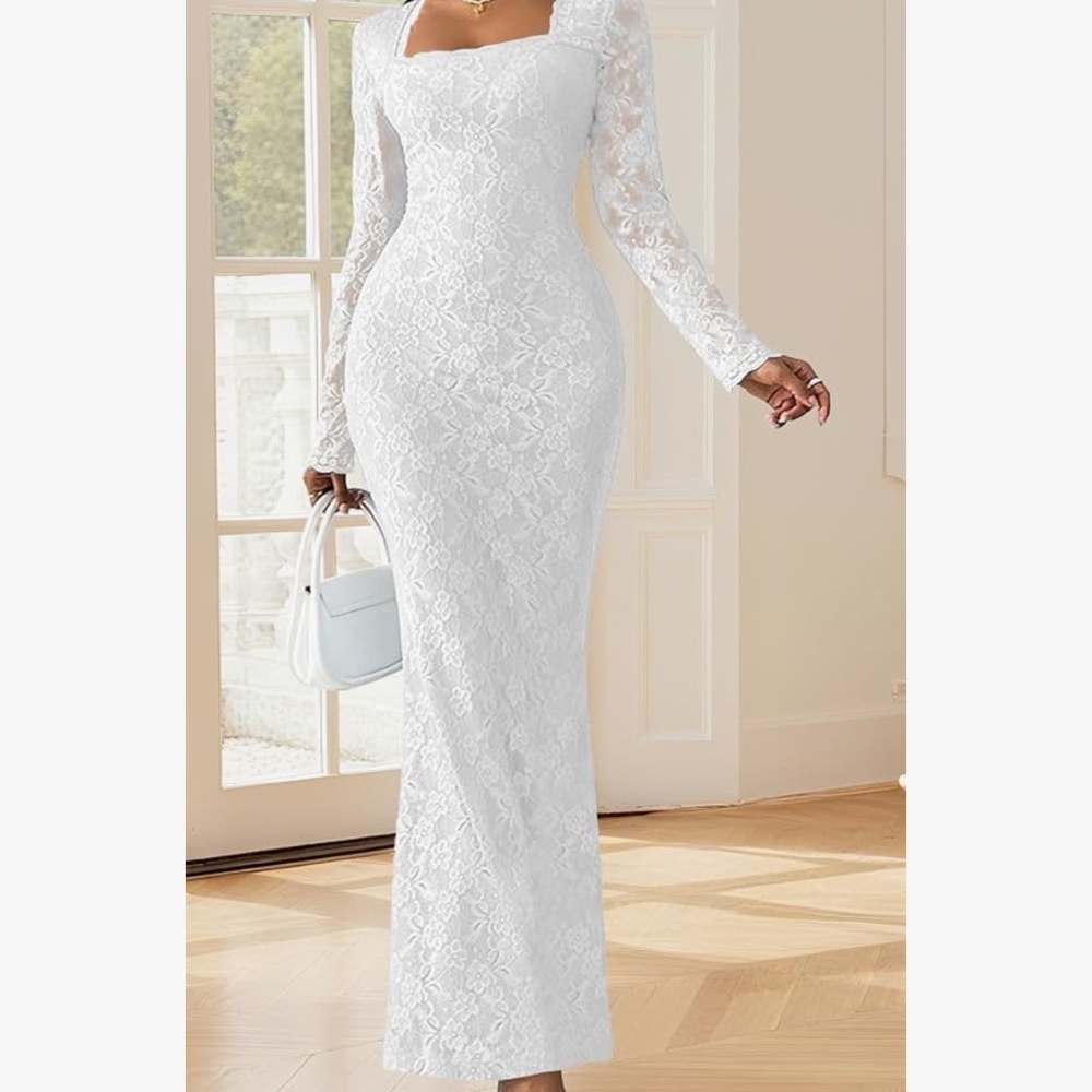 White Lace Maxi Dress, All over lace wedding dress pull on style